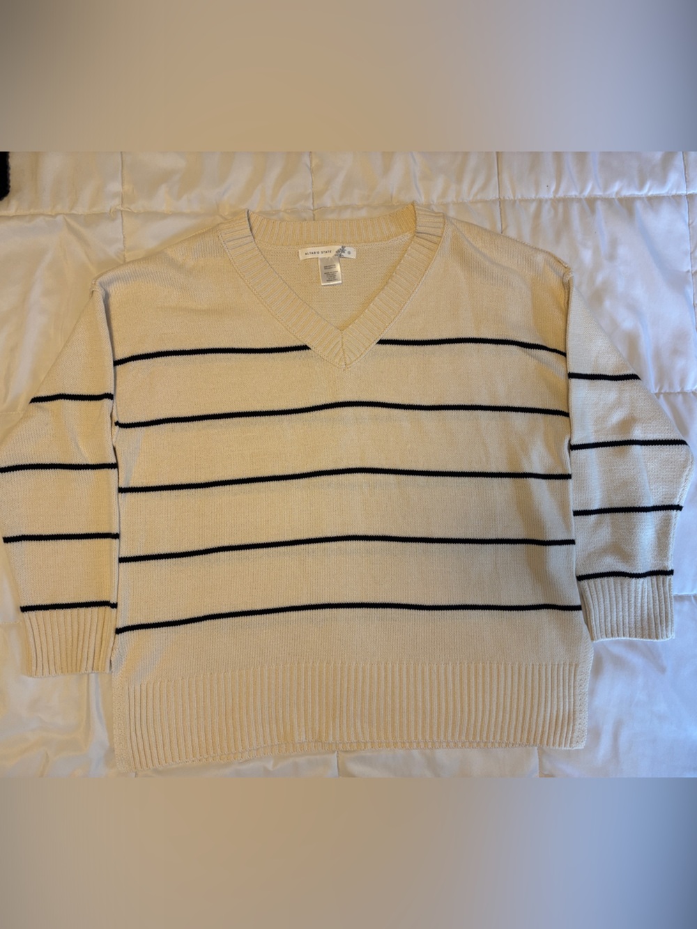 Altar'd State Cream V-Neck Sweater with Black Stripes